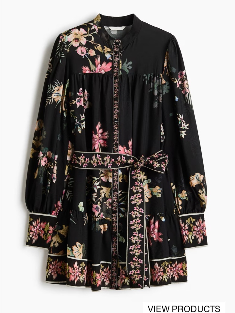 H&M Black Floral Long-Sleeve Belted Mini Dress